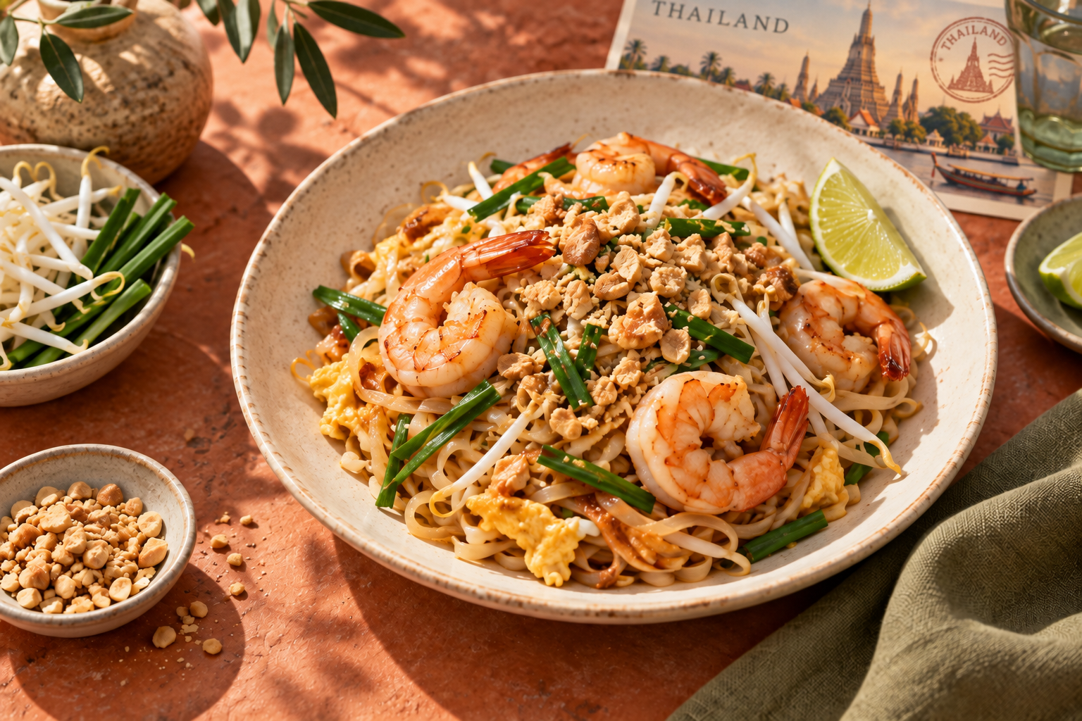 Illustration of shrimp Pad Thai with rice noodles, peanuts, chives and lime